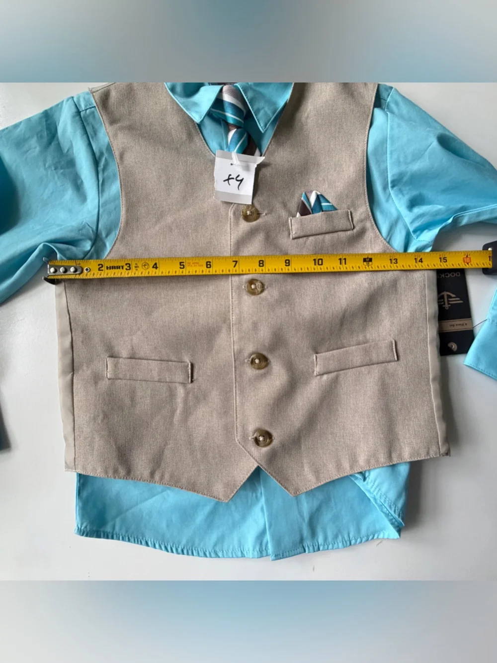 Dockers Boys 4 Piece Suit Set, Pants/Shirt/Vest/Tie Aqua, Grey‎ - 7